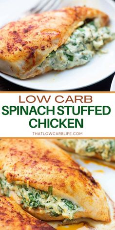 low carb spinach stuffed chicken on a white plate