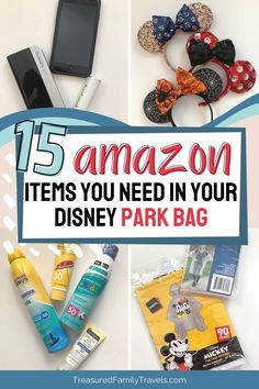 Four pictures of items to take in your Disney Park bag: phone charger, Minnie ears, sunscreen and rain ponchos. What To Put In A Disney Surprise Bag, Disney Goodie Bags, Disney Day Bag, Disney World Essentials, Disney Park Bag, Disney Cheap, Disney Swag, Disney Essentials