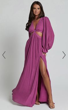 Chic Lantern Sleeve Maxi Dress For Party, Chic Balloon Sleeve Vacation Dress, Chic Cutout Dress, Chic Purple Puff Sleeve Midi Dress, Chic Purple Midi Dress With Puff Sleeves, Chic Long Sleeve Maxi Dress With Cutout, Long Sleeve Cutout Maxi Dress For Date Night, Puff Sleeve Cutout Dress For Brunch, Cutout Puff Sleeve Dress For Brunch