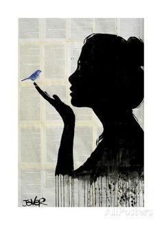 the silhouette of a woman holding a blue bird in front of an open book page