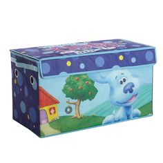 a blue toy box with an image of a dog and a tree on the front