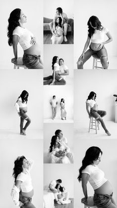 black and white photo collage of pregnant women in various poses with their baby's belly exposed