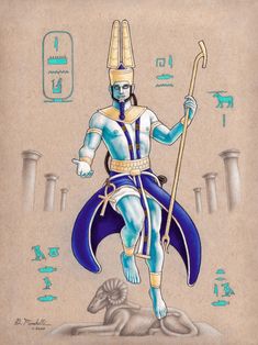 an ancient egyptian god holding a staff