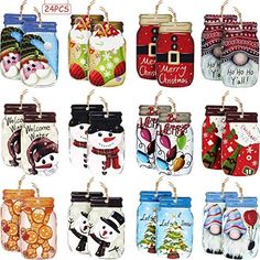 twelve christmas mason jars with snowman, santa claus and other holiday items in them