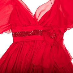 ELIE SAAB Evening Gown in Red Chiffon Size 38EU 8 Red V-neck Chiffon Wedding Dress, Red Silk Evening Dress For Party, Red V-neck Chiffon Dress For Wedding, Elegant Red Organza Evening Dress, Red Silk Evening Dress, Red Organza Evening Dress, Embellished Chiffon Evening Gown, Red Organza Evening Dress For Prom, Glamorous Floor-length Chiffon Gown