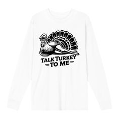 Add a touch of humor to your Thanksgiving celebrations with our "Talk Turkey To Me" design! This playful and cheeky design features a clever dirty pun that will get everyone laughing around the dinner table. Made from soft, high-quality cotton, this apparel ensures comfort while you enjoy your holiday feast. Ideal for those who love a good laugh and want to stand out during Thanksgiving festivities. Available in various sizes and colors, it makes a fantastic gift for friends and family who appreciate witty humor. Get ready to gobble up compliments with this one-of-a-kind graphic! Funny Long Sleeve T-shirt For Fall, Novelty Long Sleeve T-shirt With Graphic Print, White Long Sleeve T-shirt With Funny Text, White Long Sleeve Tops With Funny Text, Funny Long Sleeve Tops For Fall, Novelty Letter Print Tops For Fall, Funny White Long Sleeve Tops, Pre-shrunk Funny Tops For Fall, White Tops With Funny Text For Fall