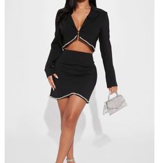 Fashion Nova Blazer Skirt Set With Jewels - Black Nwt In Size Medium. Comes From A Smoke Free Home Black Skirt Suit For Fall Party, Black Skirt Suit For Party In Fall, Fitted Mini Skirt Suit For Party, Black Long Sleeve Skirt Suit For Party, Spring Mini Skirt Suit For Party, Spring Party Mini Skirt Suit, Chic Fitted Skirt Suit For Night Out, Fitted Black Skirt Suit For Night Out, Black Fitted Skirt Suit For Night Out