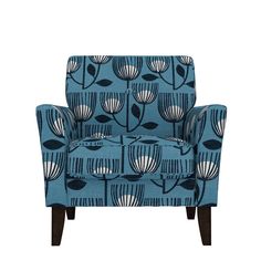 a blue chair with black and white designs on it