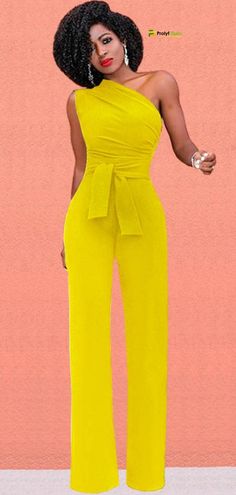 This flattering and slimming design can be dressed up or down to suit your mood.  wide leg jumpsuit|one shoulder jumpsuit chic|stylish one-shoulder jumpsuit #jumpsuit #casualjumpsuit #dressyjumpsuit #outfit #casualoutfit #casualwear #womensfashion #formal #casualstyle One Shoulder Jumpsuit For Summer, Solid Stretch One-shoulder Jumpsuit, One Shoulder Solid Jumpsuits And Rompers For Spring, Chic One-shoulder Jumpsuit In Solid Color, Elegant Yellow Jumpsuit For Party, Elegant Spring Strapless Stretch Jumpsuit, Fitted Solid Color Strapless Jumpsuit For Party, Chic One-shoulder Solid Jumpsuits And Rompers, Elegant Solid Color One-piece Jumpsuits And Rompers