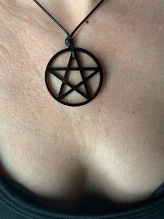 "Hand made gothic pendant wicca acrylic pentagram pendant on black corded necklace smooth black cord necklace, wicca large pentagram charm Pentagram is made of black acrylic and is 1.75\" diameter (larger than a quarter) Corded necklace is 16\" long and hangs down from neck approx 9.5\" Limited availability in this style" Gothic Black Star Necklace, Black Gothic Star Necklace, Symbolic Black Necklace For Halloween, Symbolic Black Halloween Necklace, Brain Necklace, Custom Handwriting Jewelry, Opal Moon Necklace, Corded Necklace, Crescent Moon Necklace Gold