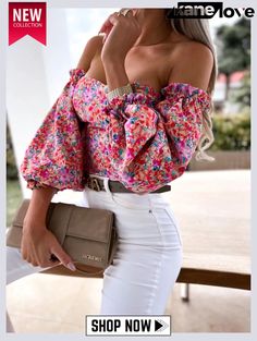 Women Summer Printed Modest Off-the-shoulder Short Sleeves Floral Print Regular Shirt Pink Long Sleeve Off-shoulder Top For Spring, Spring Long Sleeve Off-shoulder Top For Brunch, Spring Brunch Long Sleeve Off-shoulder Top, Pink Off-shoulder Blouse For Brunch, Chic Off-shoulder Multicolor Blouse, Chic Multicolor Off-shoulder Blouse, Summer Off-shoulder Printed Top, Printed Off-shoulder Summer Tops, Summer Off-shoulder Blouse For Brunch