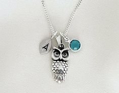 Sterling Silver Owl Necklace. Cast using 100% sterling silver, no pewter, nickel or lead was used to create this piece, buy with peace of mind.  ☮  ツ  More Owls available http://etsy.me/1wqQbKV  More Meaningful, Symbolic Jewelry? http://etsy.me/16So5MK  Need initials, birthstones, charms, etc http://etsy.me/10D9H8j . DESCRIPTION: . 925 Sterling Silver Mr Owl is Sterling silver 19 X 9mm . Sterling Silver heart 7mm with your choice initial. Or disc 8mm upon request.  . Swarovski birthstone of your Nickel Free Silver Birthstone Necklace Gift, Silver Birthstone Necklace Gift, Adjustable Silver Charm Necklace, Adjustable Silver Charm Necklaces For Personalized Gift, Personalized Silver Charm Necklace Nickel Free, Silver Birthstone Necklace With Charms For Anniversary, Silver Initial Pendant Charm Necklace Nickel Free, Symbolic Silver Necklace For Birthday, Silver Birthstone Necklace With Charms