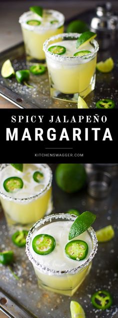 spicy jalapeno margarita cocktail with limes on the rim and garnishes