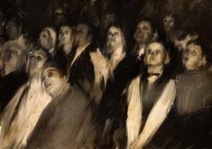 an oil painting of many people dressed in black and white