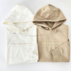 Custom Hubby Wifey Hoodie Sweatshirt, Wedding Gift, Gift for Bride, New Wife Sweatshirt, Unique Bridal Shower Gift, Newlywed Honeymoon Sweatshirt Hoodie, Matching Beige White Sweatshirt ⭐Celebrate your journey to 'happily ever after' with our Personalized 'Wifey' Embroidered Hoodie. Adorned with your wedding date and rings, this cozy sweatshirt is part of our matching couple set. Perfect for the bride-to-be, it's an ideal engagement gift or wedding party surprise. Wrap yourself in love and memories with this unique, customized keepsake. ⭐This listing is for one, if you want two, just place 2 orders and pay it together so that you can choose the different color, size and design. ⭐Please choose the size from the size chart ⭐Upgrade to Thick Fabric is a $6 upgrade (per cloth). Please purchase Honeymoon Sweatshirt, Unique Bridal Shower Gift, Hubby Wifey Shirts, Wife Sweatshirt, Unique Bridal Shower Gifts, Anniversary Outfit, Honeymoon Gift, Couple Set, Honeymoon Shirts