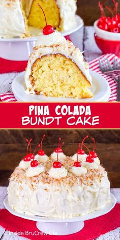 this pina colada bundt cake has pineapples and cherries on top