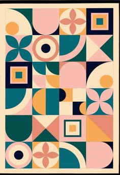 an art print with geometric shapes and colors on it's sides, including circles