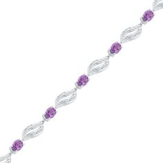 Fan the flames of fashion with this striking gemstone fashion bracelet. Crafted in sleek sterling silver, this bracelet pairs 6.0 x 4.0mm oval-shaped bright purple amethyst with 1/20 ct. t.w. diamond-lined double flame-shaped links, creating this colorful and trendy look. A thoughtful gift for the February birthday girl, this 7.5-inch bracelet is polished to a brilliant shine and secures with a lobster claw clasp. Elegant Purple Sterling Silver Bracelet For Formal Occasions, Elegant Formal Purple Sterling Silver Bracelet, Oval Sterling Silver Bracelet, Silver Oval Bracelets With Gemstone Accents, Classic Sterling Silver Oval Gemstone Bracelet, Classic Oval Gemstone Sterling Silver Bracelet, Classic Sterling Silver Bracelet With Oval Gemstone, Elegant Sterling Silver Bracelet With Oval Gemstone, Elegant Sterling Silver Oval Gemstone Bracelet