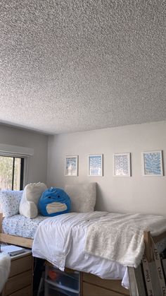 a bedroom with white walls and carpeted flooring is decorated in blue and white