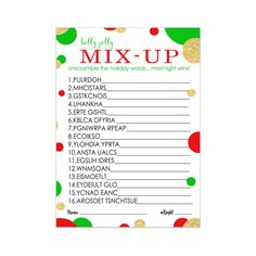 a printable christmas mix - up list with gold and green polka dots on it