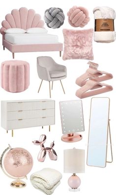 a collage of pink and white furniture, pillows, lamps, mirrors and other items