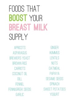 a poster with the words foods that booster your breast milk supply on it's side