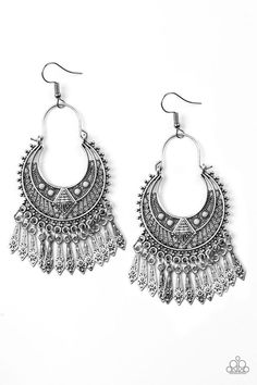 Dotted in tribal inspired textures, flared silver bars swing from the bottom of an ornate silver crescent. Dainty gray beads and a shimmery silver diamond-shape frame embellish the frame for a seasonal finish. Earring attaches to a standard fishhook fitting. Sold as one pair of earrings. Boho Hoop Earrings, Grey Beads, Fine Silver Jewelry, Fashionable Jewelry, Choker Set, Leaf Jewelry, Fish Hook Earrings, Oxidised Jewellery, Paparazzi Accessories