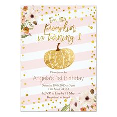 a pink and gold pumpkin birthday party card with flowers on the front, and an orange pumpkin in the middle