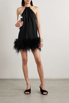 Elegant Mini Dress With Feather Trim, Chic Evening Dress With Feathers, Chic Feathered Cocktail Dress, Spring Feather Trim Mini Dress, Luxury Spring Dress With Feather Trim, Chic Mini Dress With Feather Trim, Feathered Dresses For Party Season, Feathered Party Dresses, Glamorous Sleeveless Mini Dress For Fashion Events