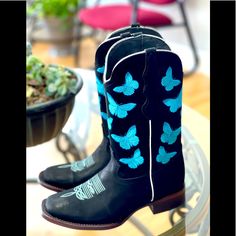 White Diamond Handcrafted Western Square Toe Boots Black With Beautiful Blue Butterflies Western Square Toe Boots, Ladies Boots, Blue Butterflies, Square Toe Boots, Toe Boots, High Top Shoes, Blue Butterfly, Boots Black, Top Shoes