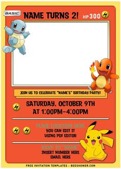 a pokemon birthday party flyer with two pikachu