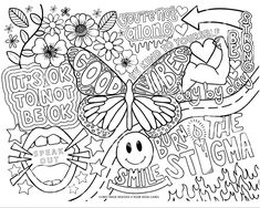 an adult coloring page with words and flowers in the center, including hearts, butterflies, and