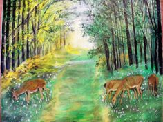 a painting of deer grazing in the woods