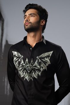 Black shirt with cutdana embroidery in 3D bat pattern. - Aza Fashions Festive Black Embroidered Shirt, Designer Black Tops For Festive Season, Designer Black Tops For Festive Occasions, Festive Black Cotton Shirt, Designer Embroidered Black Shirt, Designer Black Embroidered Shirt, Bat Pattern, Embroidered Shirt, Shirt Pattern