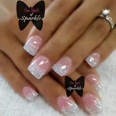 Nails Beautiful Nail Designs Acrylics, Dip Nails With Acrylic Tips, Solar Nails Natural Short, French Dip Wedding Nails, Silver Nails Polish, French Dip Nails With Glitter, Square French Tip Acrylic Nails With Glitter, French Glitter Acrylic Nails, Short Classy Wedding Nails