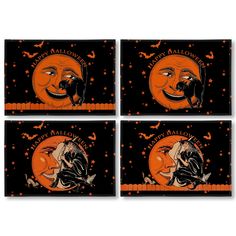 four halloween coasters with pumpkin faces and bats on them, all decorated in orange and black