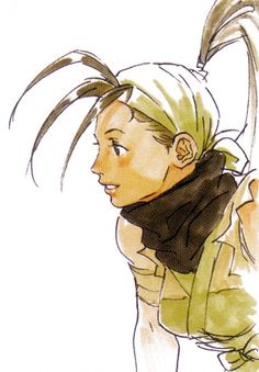 a drawing of a woman with her hair pulled back and wearing a scarf around her neck