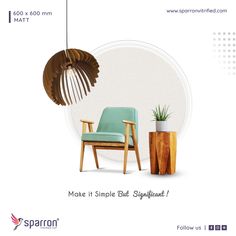 an advertisement with a chair and plant in the middle, next to it is a lamp