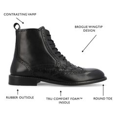 Introducing Legacy by Thomas & Vine, the timeless ankle boot that blends classic style with modern comfort. Crafted with genuine leather and featuring a contrasting vamp and wingtip design, these boots make a stylish statement. The 12 mm Tru Comfort Foam™ insole and 1-inch block heel provide all-day comfort and support. With a lace-up design and convenient zipper entry, along with a padded tongue for extra comfort, Legacy offers both a classic look and ease of wear. Thomas Vines, Wingtip Boots, Ankle Boots Men, Closed Toe Shoes, Black 13, Round Toe Heels, Black Ankle Boots, Boots Men, Fitness Fashion