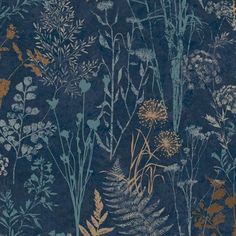 a blue and gold wallpaper with various plants