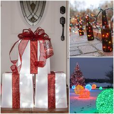 christmas lights and presents are on display in front of a door, with bottles wrapped in red ribbon