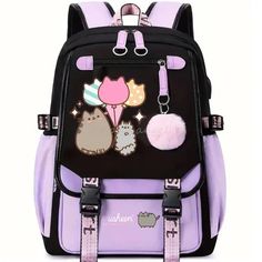 48873490088216 Kawaii Purple Backpack For Everyday Use, Black Kawaii Backpack For Students, Kawaii Backpack With Cat Design For Students, Cute Black Backpack For Students, Kawaii Cat Design Backpack For Students, Cute Black Student Backpack, Cute Purple Backpack For Students, Cute Purple Backpack With Adjustable Strap, Cute Purple Standard Backpack