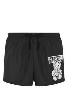 black lightweight construction fast-drying signature Teddy Bear motif elasticated drawstring waistband thigh-length Be mindful to try on swimwear over your own garments. Moschino Teddy Bear, City Shorts, Be Mindful, Balenciaga Triple S, Summer Beach Wear, Man Swimming, Sweaters Knitwear, Shorts Black, Drawstring Waistband