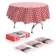 a red and white checkered table cloth next to four packs of food wrappers