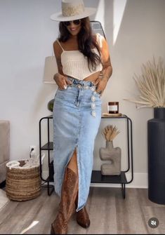 15+ simple denim skirt outfit ideas you will want to wear this Fall — ASHLINA KAPOSTA Skirt And Western Boots Outfit, Denim Skirt With Cowboy Boots, Denim Skirt Cowboy Boots, Austin Outfits, Skirt And Cowboy Boots Outfit, Midi Skirt Boots, Skirt Cowboy Boots, Denim Skirt Outfit Ideas, Cowgirl Fits