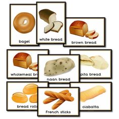 different types of breads are shown in this graphic style, with the names and pictures below them