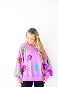 The sparkliest + most colorful Halloween sweatshirt!!! Featuring multi color sequin skulls all over the front and down the sleeves Model is 5'4 wearing a size small Runs oversizedee Oversized Long Sleeve Sweatshirt With Skull Print, Oversized Long-sleeve Sweatshirt With Skull Print, Fall Sequin Long Sleeve Sweatshirt, Sequin Long Sleeve Sweatshirt For Fall, Sequined Long Sleeve Fall Sweatshirt, Skull Sweatshirt, Halloween Sweatshirt, Solid Dress, Set Dress