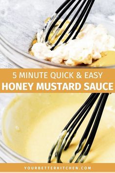 the recipe for honey mustard sauce is shown in two separate bowls, one being whisked with cream