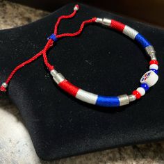 Dominican Red, White, And Blue Bracelet. Drawstring Brand New. For Unisex. White And Blue Bracelet, Gold Circle Ring, Western Bracelets, Butterfly Charm Bracelet, Holiday Bracelets, Black Bangle, Beaded Ankle Bracelets, Beaded Ankle, Lucky Bracelet