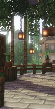 the interior of a house in minecraft with lots of plants and lights hanging from the ceiling